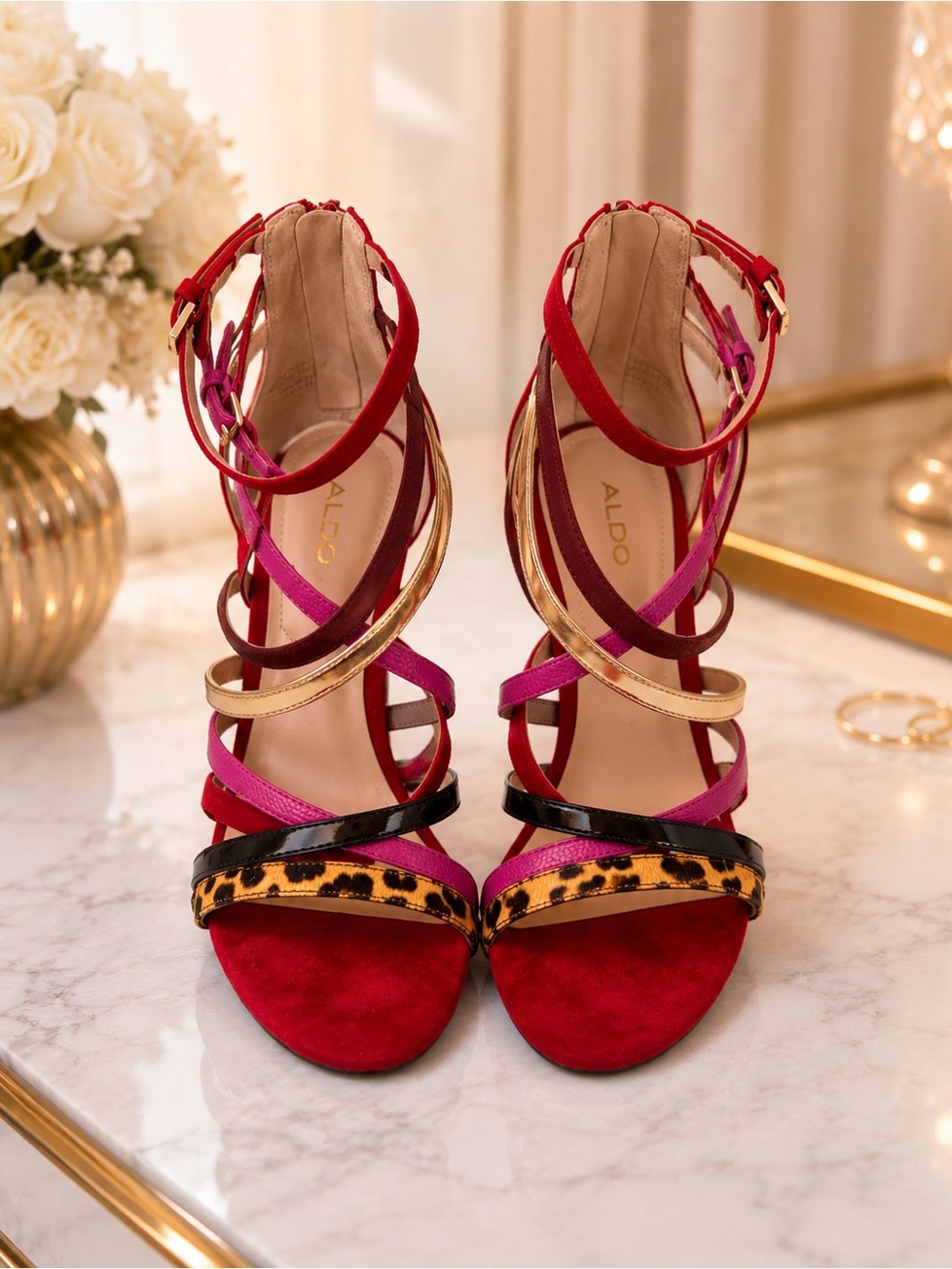 ALDO Red Pink Gold Leopard Multi-Striped Strappy Heels - LIKE NEW! 💓❤️🖤💛💓💐
